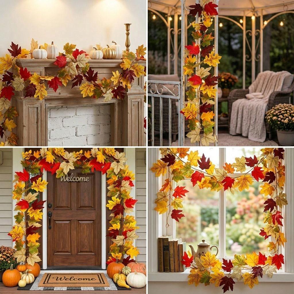 2Pcs Fall Artificial Maple Leaf Wreath—Harvest Festival, Thanksgiving, and Halloween Decorations; Artificial Maple Leaves and Vine; Outdoor Garden