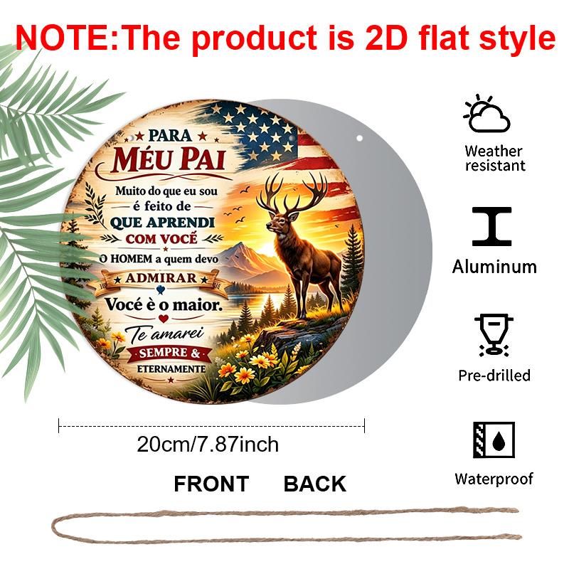 2D Flat, 1pc Portuguese Fathers Day Aluminum Sign, Vintage Deer Sunset Patriotic Design, "Para Meu Pai" Quote Decorative Sign for Home, Pub, Cabin