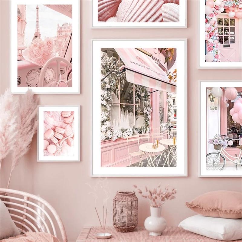 Pink Modern City Wall Art Plakát Tisk Květina Balón Móda Pařížská věž Obraz na plátně Dekorace Obraz pro domácí dekoraci