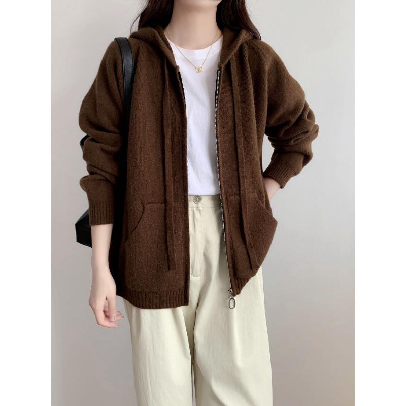 New Solid Color Lazy Wind Hooded Zipper Knitted Cardigan Casual Drawstring Sweater Thick Coat Women