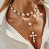 Sweet And Cool Wind Cross Pendant, Collarbone Necklace, Baroque Special-Shaped Imitation Pearl Chain Necklace.