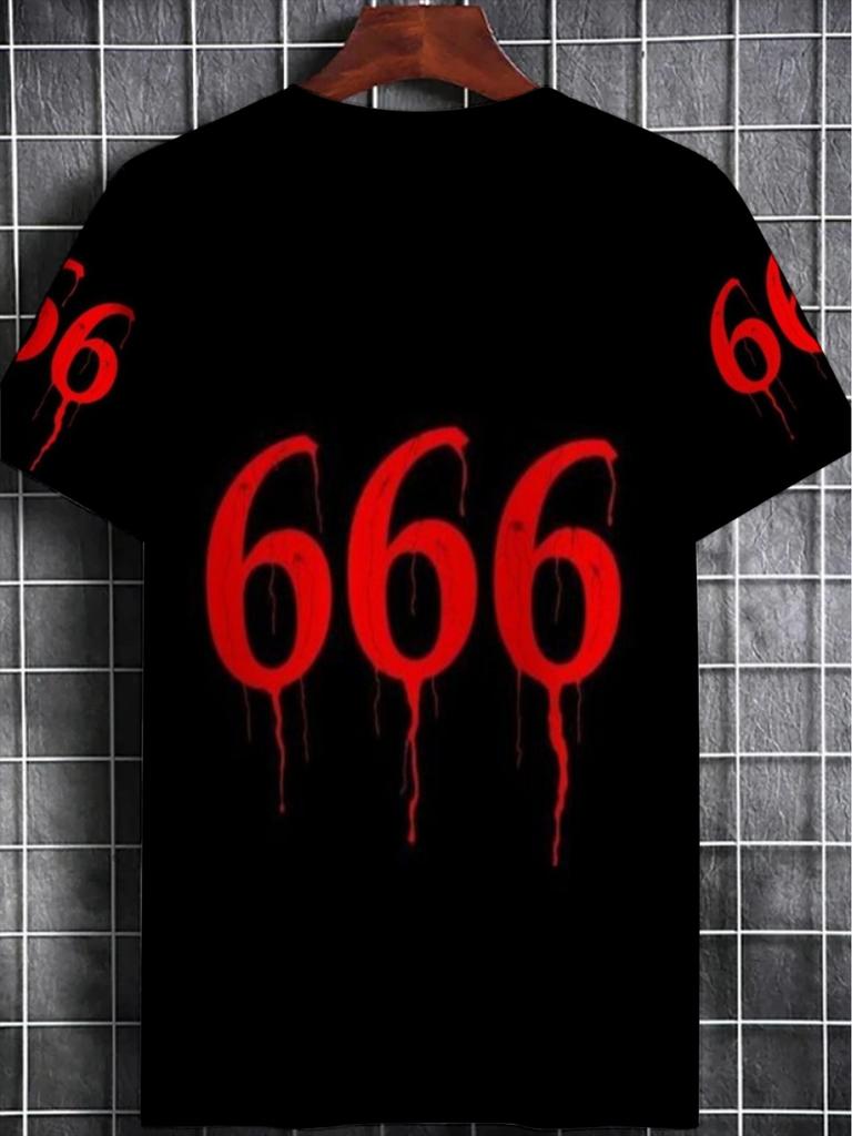 Men's Gothic Horror T-Shirt with Full-Body 666 Blood Drops Print - Black & Red Streetwear Crew Neck Short Sleeve Shirt Suitable for Themed Events,