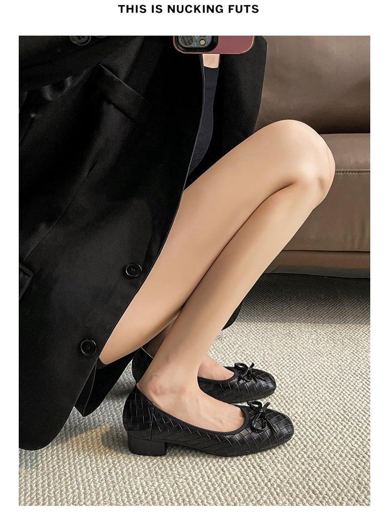 Women's Woven Bowknot Low Heels - Comfortable Square Toe Flats for Spring/Autumn