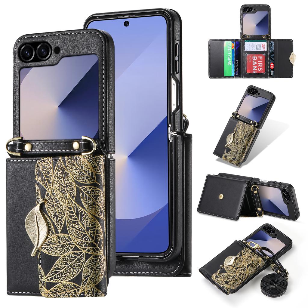 Crossbody Cards Solt Wallet Leather Case For Samsung Galaxy Z Flip 6 5G Triple Fold Pocket Golden Leaf Flip6 Bag Lanyard Cover
