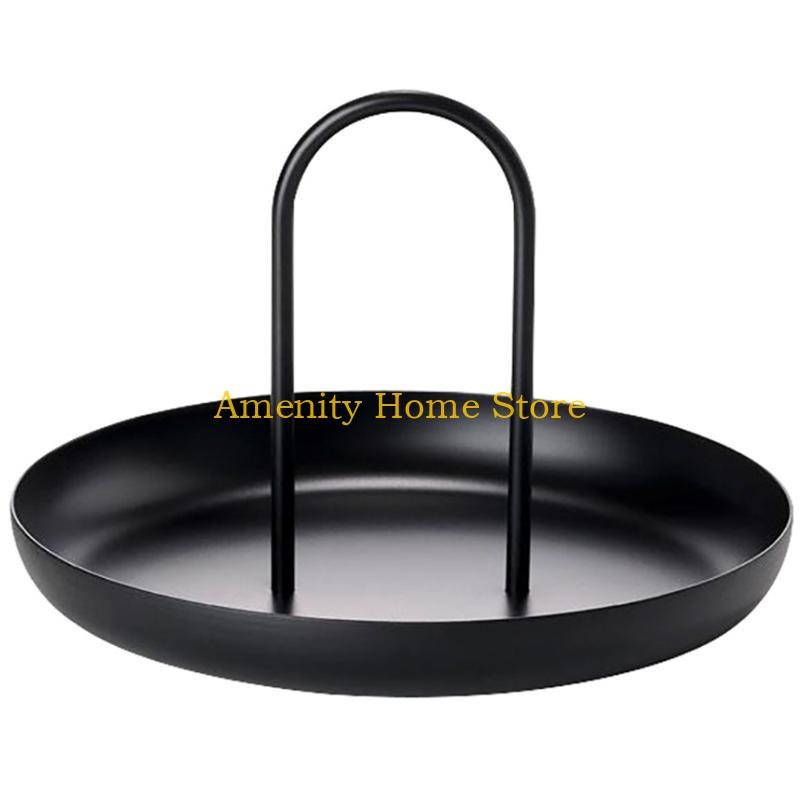 

F26C Nordic Desktop Plastic Storage Tray Round Jewelry Plate with Handle Kitchen Table Meal Dish Decor чорний