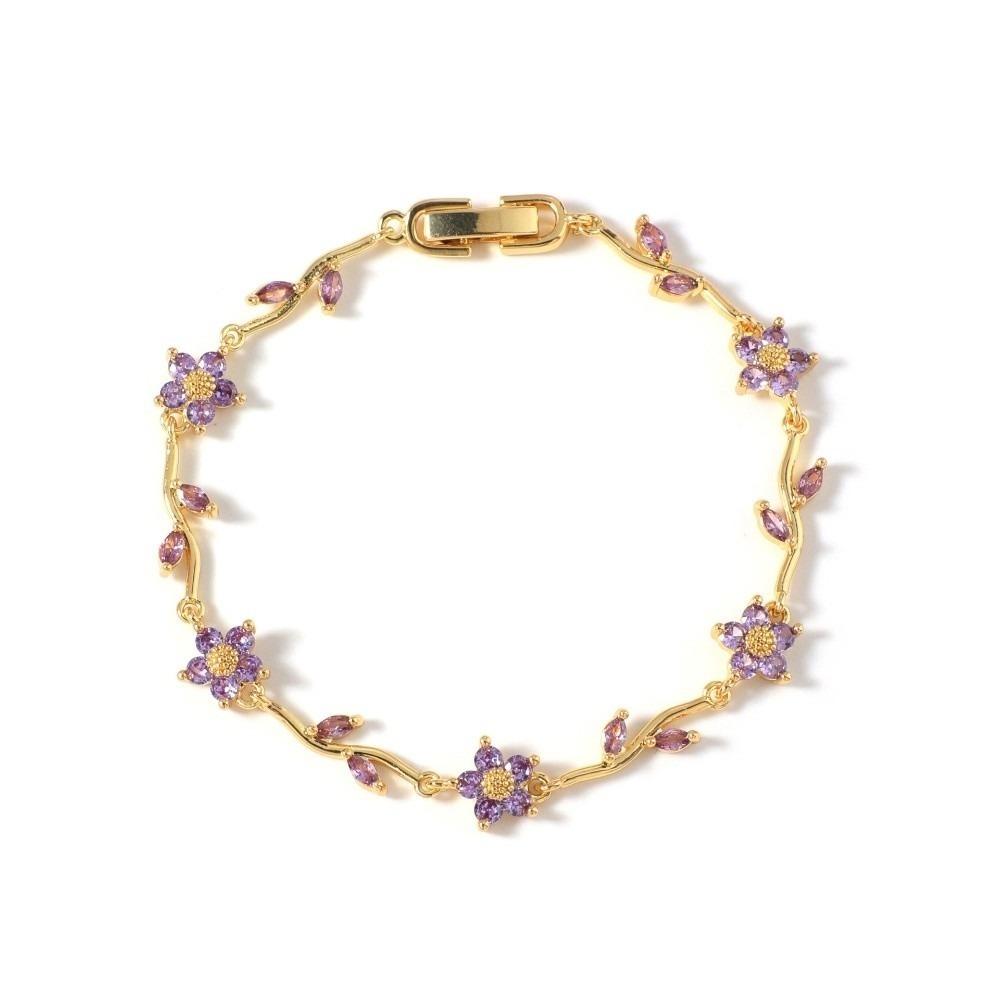 Shiny Flower Rhinestone Bracelet Elegant Multiple Color Stackable Leaves Wrist Jewelry Exquisite Copper Plated Gold фиолетовый