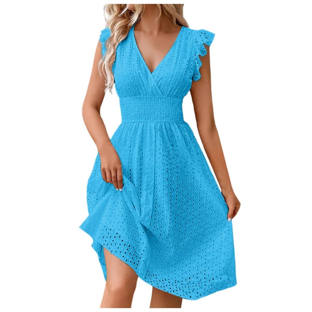 Summer Women V-Neck Beach Dress Flare Sleeve Solid Color Hollow Lace Waist Dress Casual Beach Holiday Dresses
