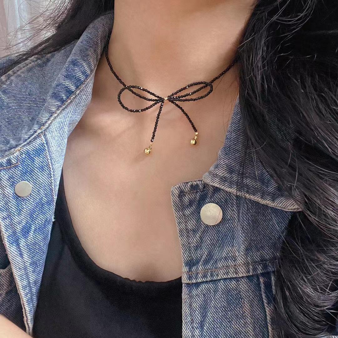 

Vintage Fresh Artificial Spinel Bow Collarbone Chain Atmosphere Necklace Korean Version Girl Collarbone Chain