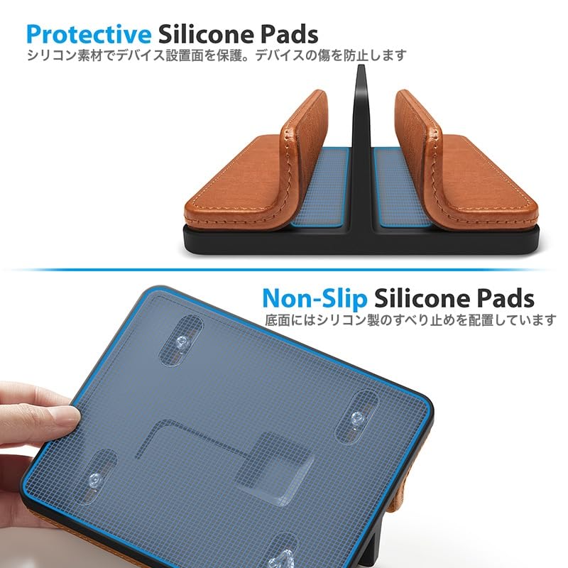GemRich Vertical Laptop PC Stand with Tablet Storage for MacBook and Stylish Leather 2 Brown Stand, iPad, Pro, Air, Finish, Slots,