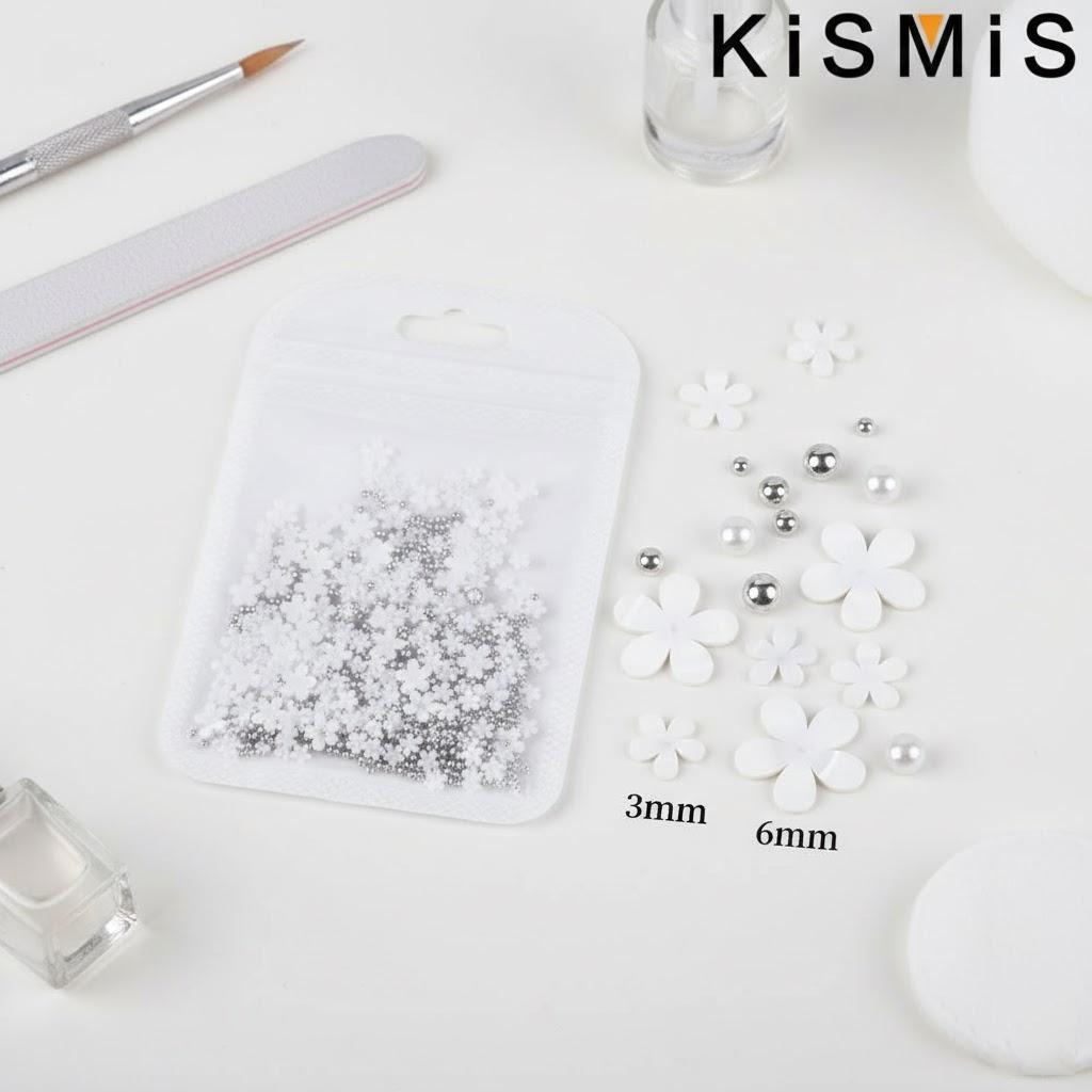 

200Pcs Multi-size White Flower Nail Resin Flower Acrylic Nail Art Decorations Gold Silver Beads серебро белый
