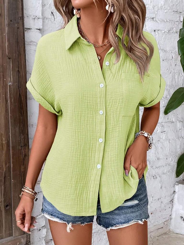 European American Women's Cotton Shirt - 2026 Summer Collection: Solid Color Casual Button-Up