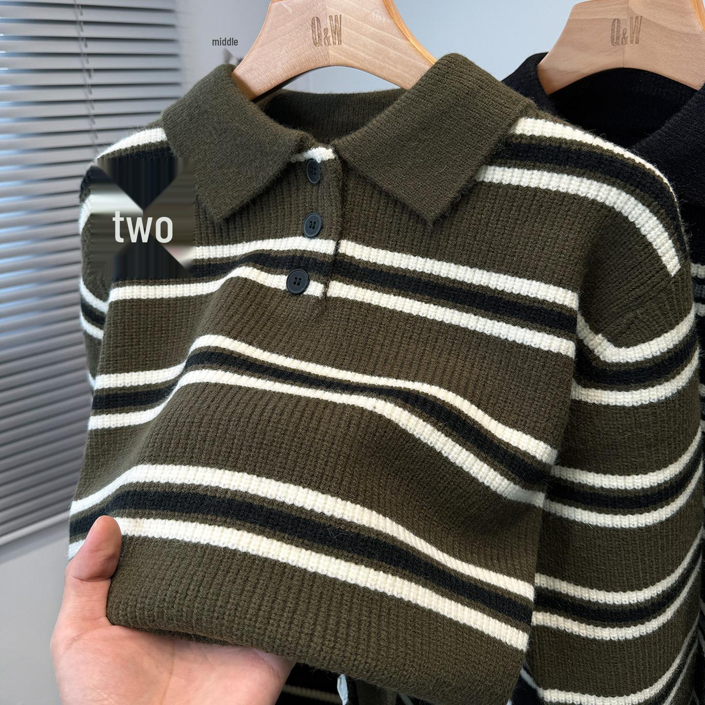 

Men s Trendy Color-block Striped Knitwear with Lapel, Button Design, and Long Sleeves – Versatile Casual Style 3XL зелений