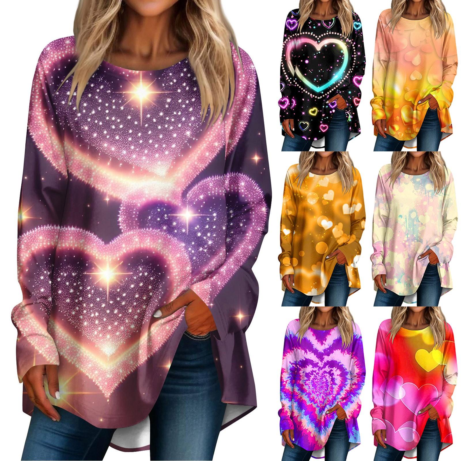 

Women s Casual Plus Size Long Sleeved Round Neck Valentine s Day Printed T-shirt Top Pullover
