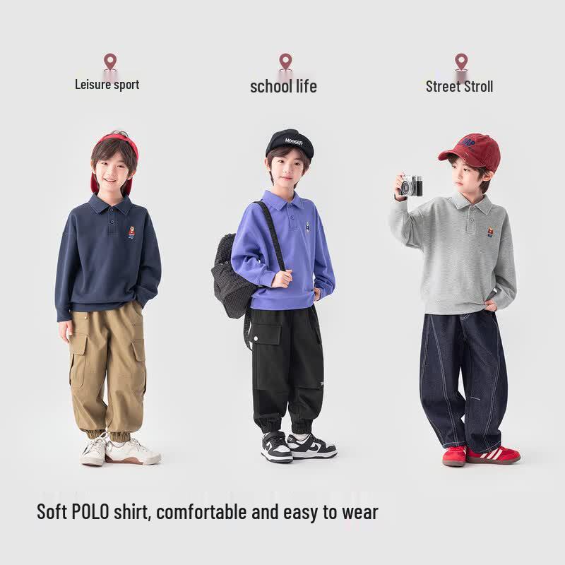 Boys' Embroidered Bear Long Sleeve Polo Shirt