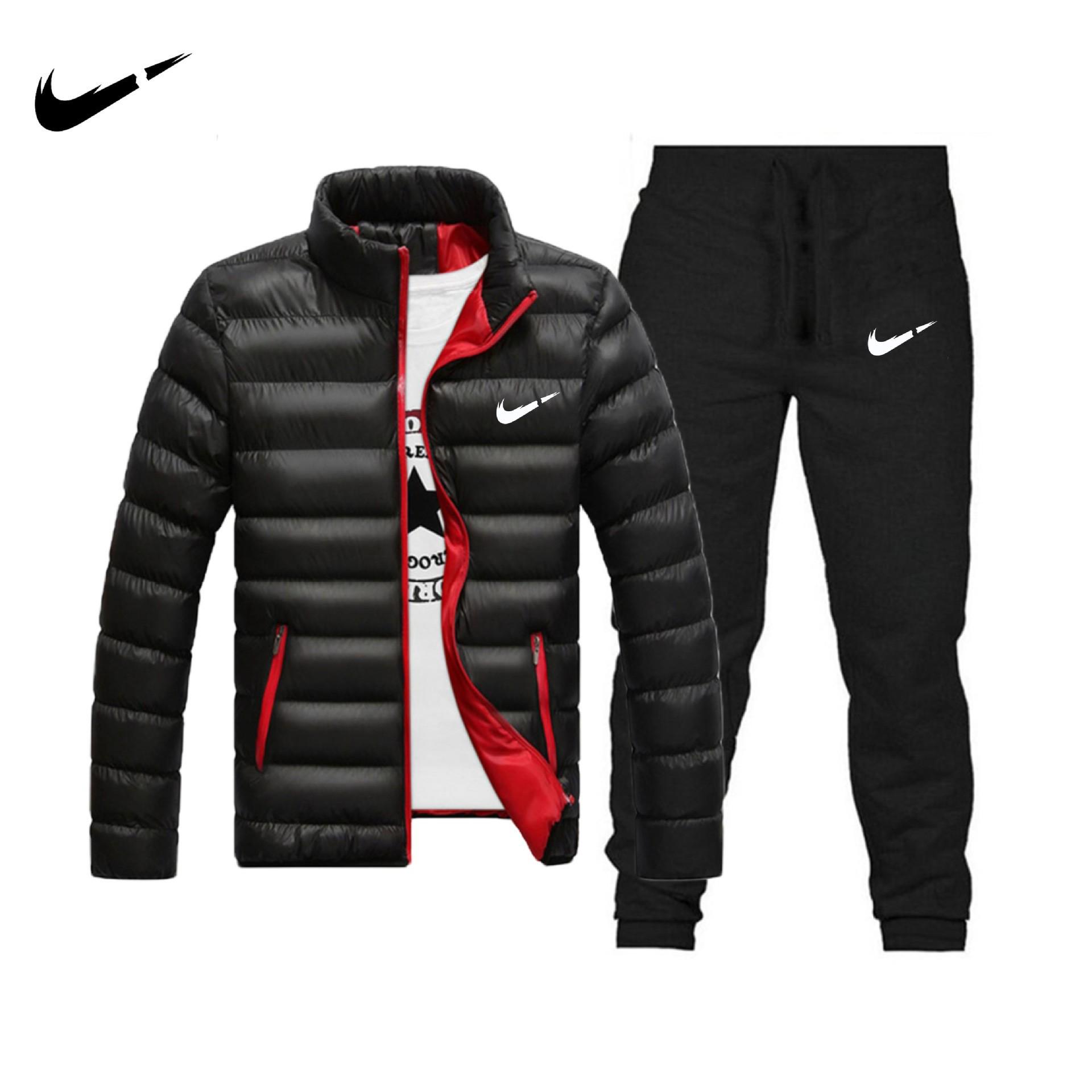 

Чоловічий модний зимовий бавовняний комплект одягу: Повсякденна спортивна куртка та штани з плюшем - Потовщений, теплий костюм. Medium чорний/червоний