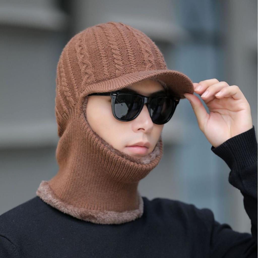 Men's Thickened Knitted Hat Autumn and Winter Outdoor Vest Set Cold Proof Wool Hat Plus Velvet Warm and Cold Hat