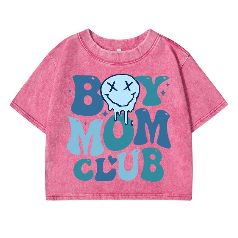 Boy Mom Club Smile Face Print Female Washed Short T-Shirt Fashion Street Retro Tops Summer Midriff-Baring Clothes