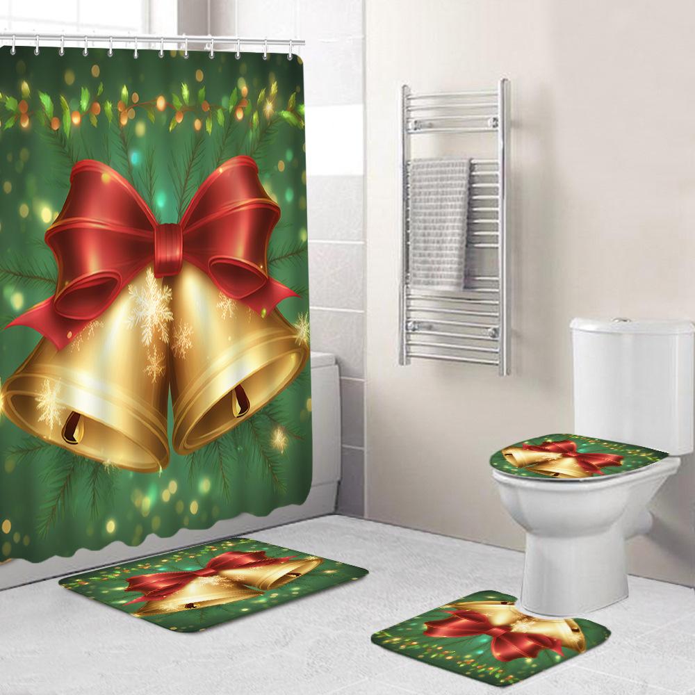Christmas Toilet Cover Shower Curtain Floor Mat Set Santa Carpet Door Mat Foot Mat Non-Slip Mat
