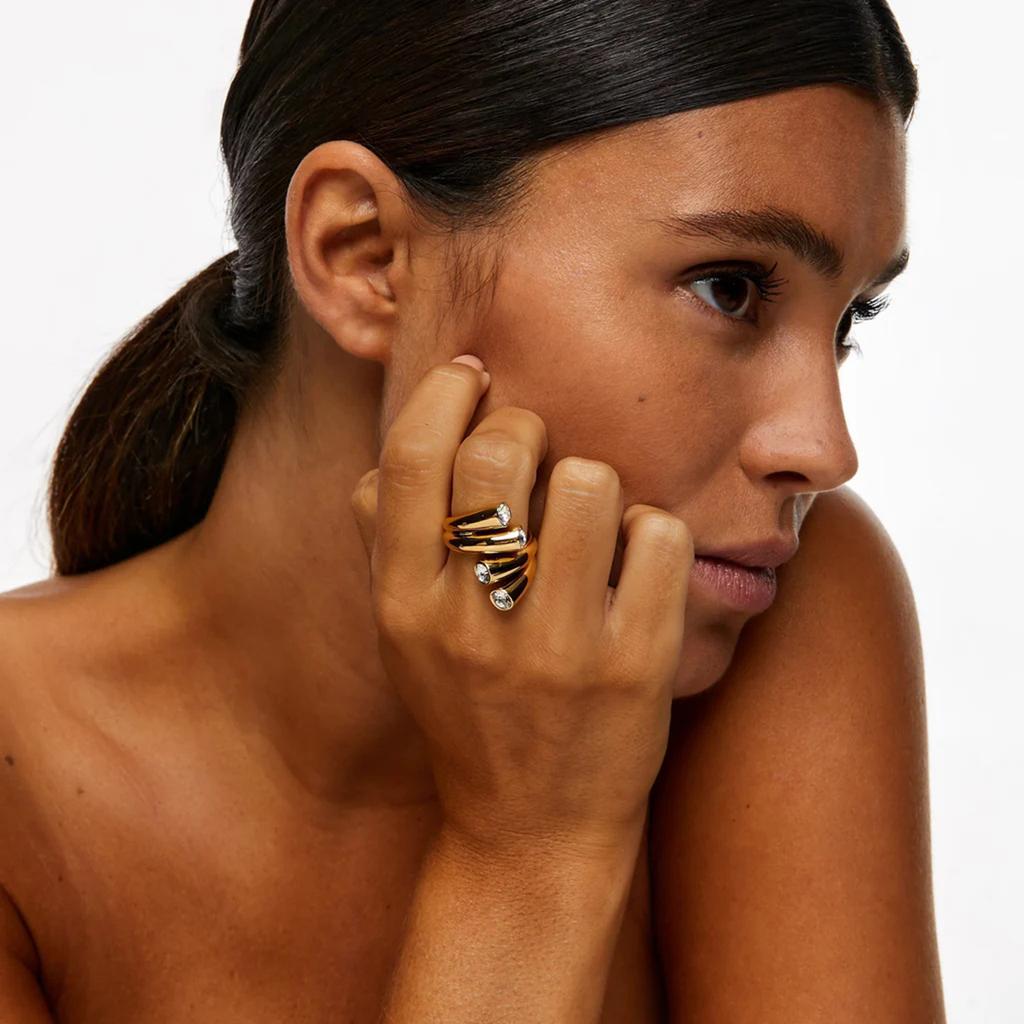 Youthway Zirconia Double Layers Open Ring Stainless Steel Colorfast Fashion Jewelry Geometric Hollow Designs Ring