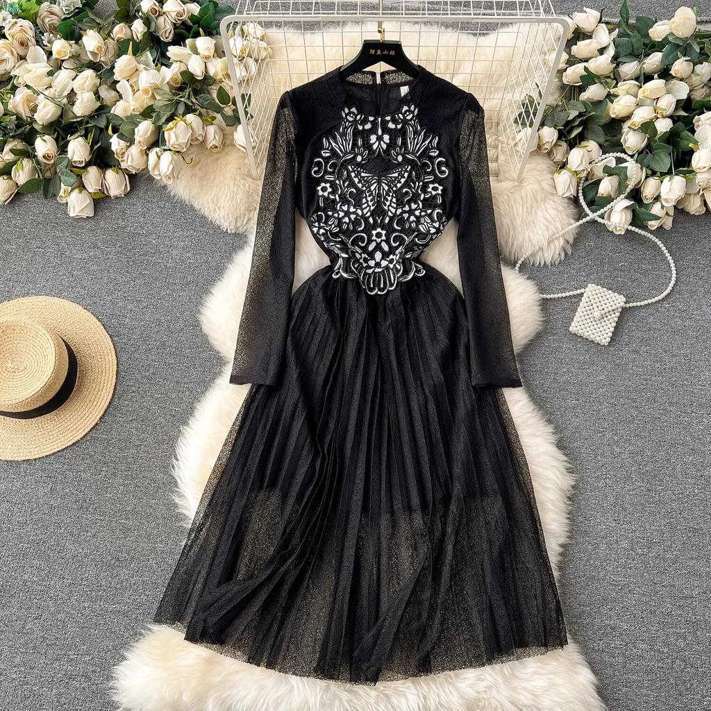 Nová móda Francouzská Elegantní Krajka Květinová výšivka Vintage společenské šaty Dámské Dlouhý rukáv Zip Vyhloubený Midi Skládaný župan