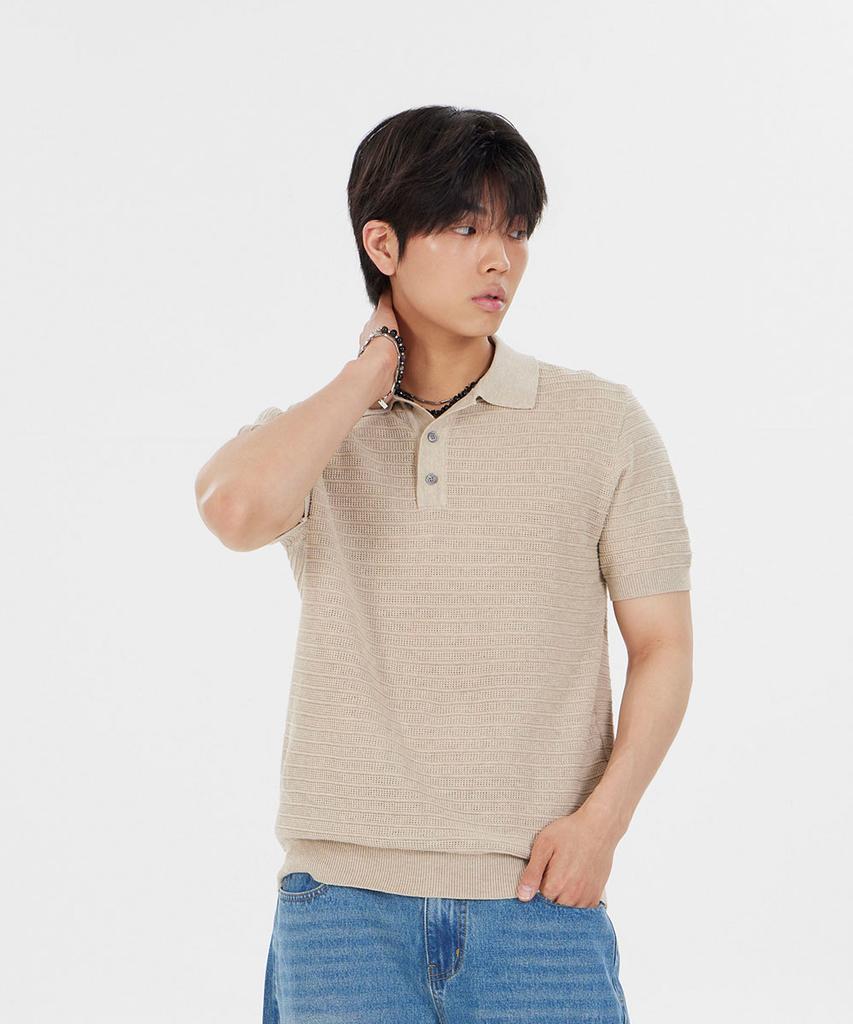 MAKEITTO Striped Texture Collar Knit Short Sleeve T-Shirt_Beige