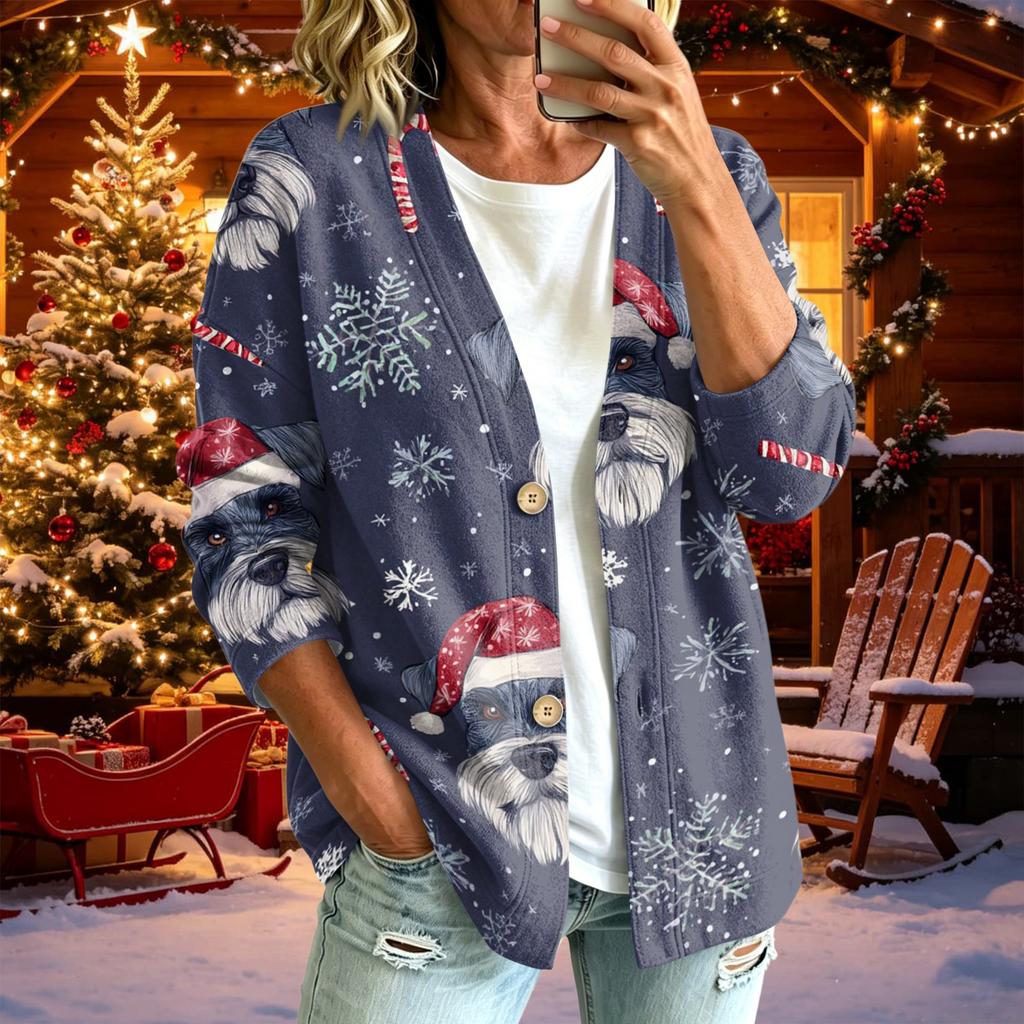 Damen Lässige Langarm-Jacke mit Weihnachtsdruck für festliche Feiertagspartys