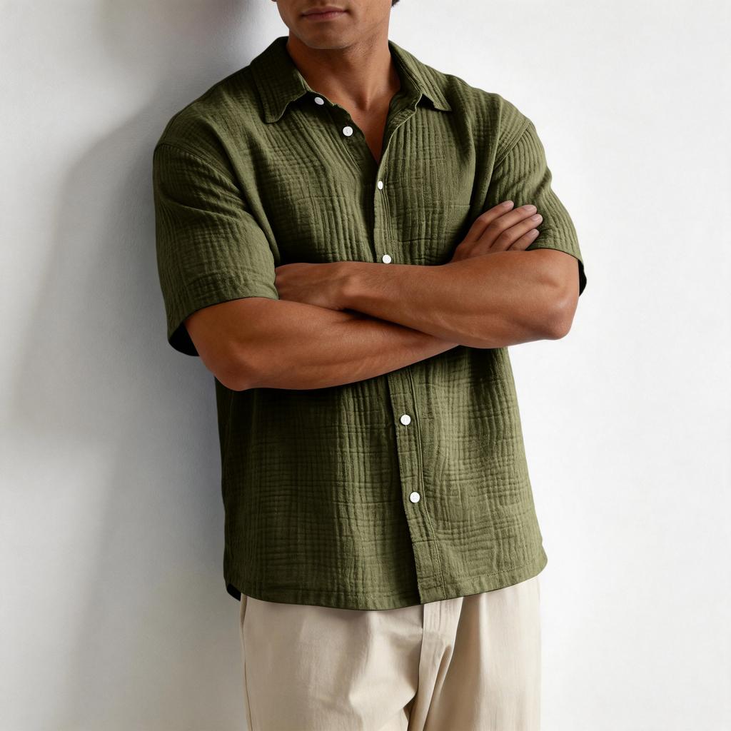 Men’s Loose Fit Casual Cotton Crinkle Texture Shirt Short Sleeve Button Down Collared Top for Everyday Wear