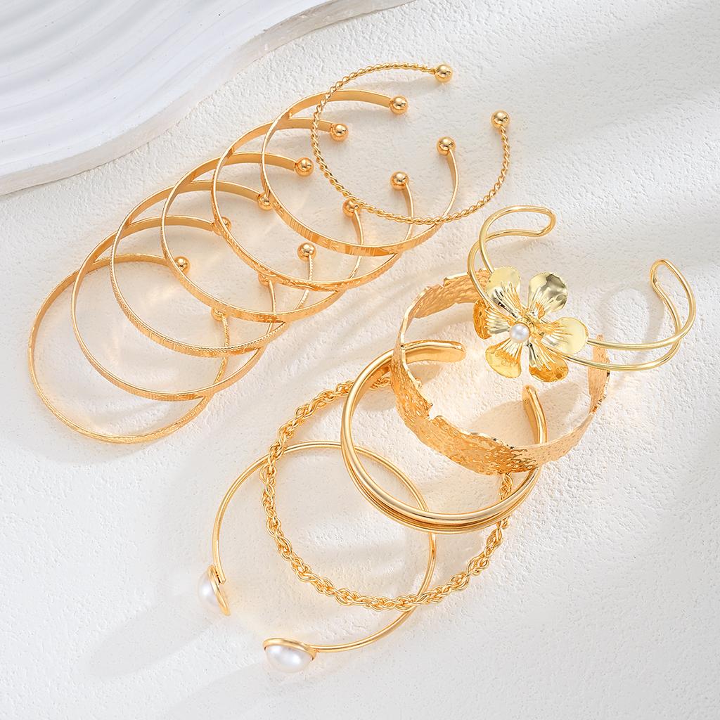 12 Pcs/Set Elegant Vintage Irregular Striped Flower Pearl Twist Metal Bangle Bracelet for Women Daily Party Vacation Jewelry New