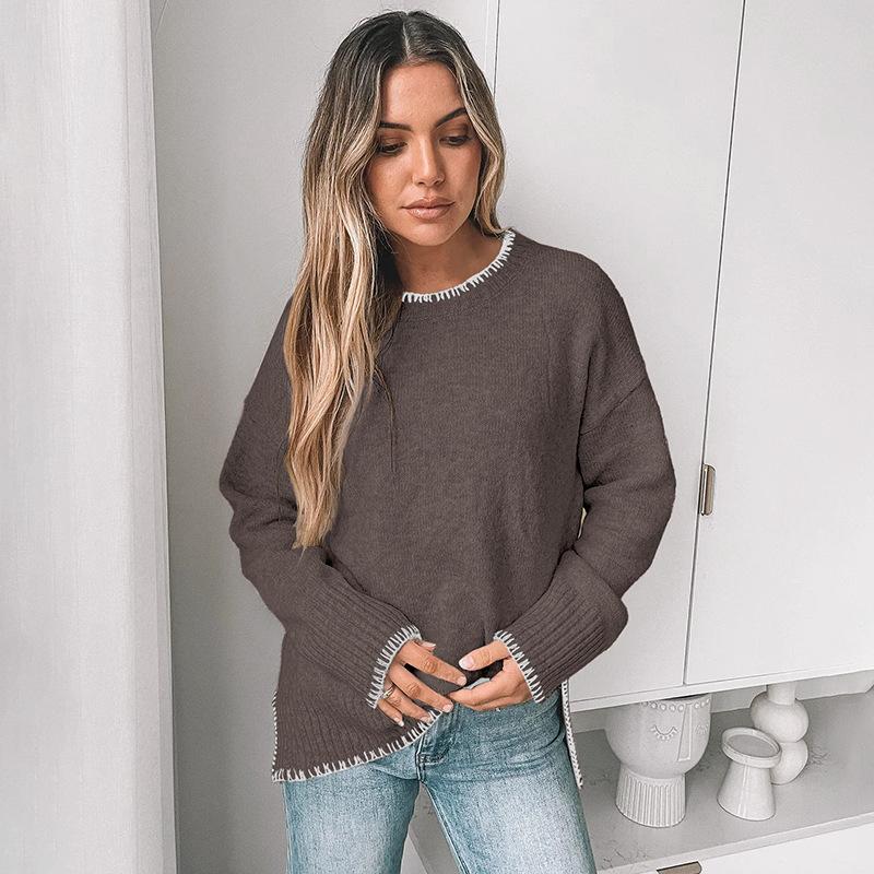 Autumn Winter Round Neck Patchwork Loose Casual Sweater Women Fashion Simple Bottomed Knitting Pullover Top