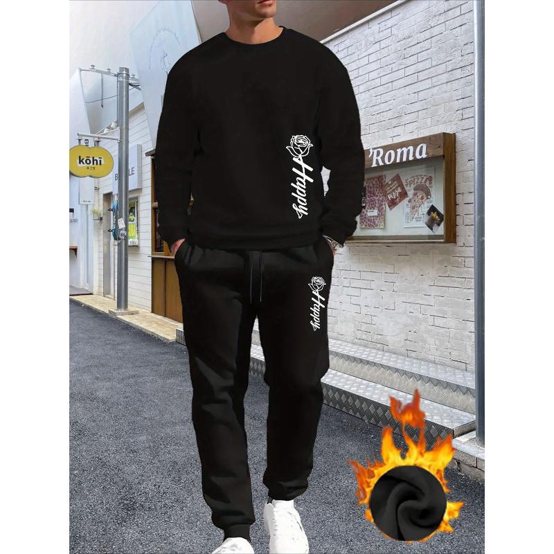 Solid Color Crew Neck Tracksuit, Breathable Wrinkle-Resistant for Commute L чёрный