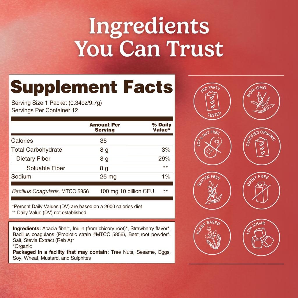 Organic Traditions, Fiber Flow™, Strawberry Flavor, 12 Packs, 9.7g (0.34oz) per Pack