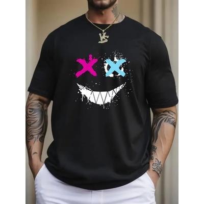 Cross Eyes Smile Face Print, Men's Graphic T-shirt, Casual Comfy Tees Tshirts for Summer, Men's Clothing Tops
