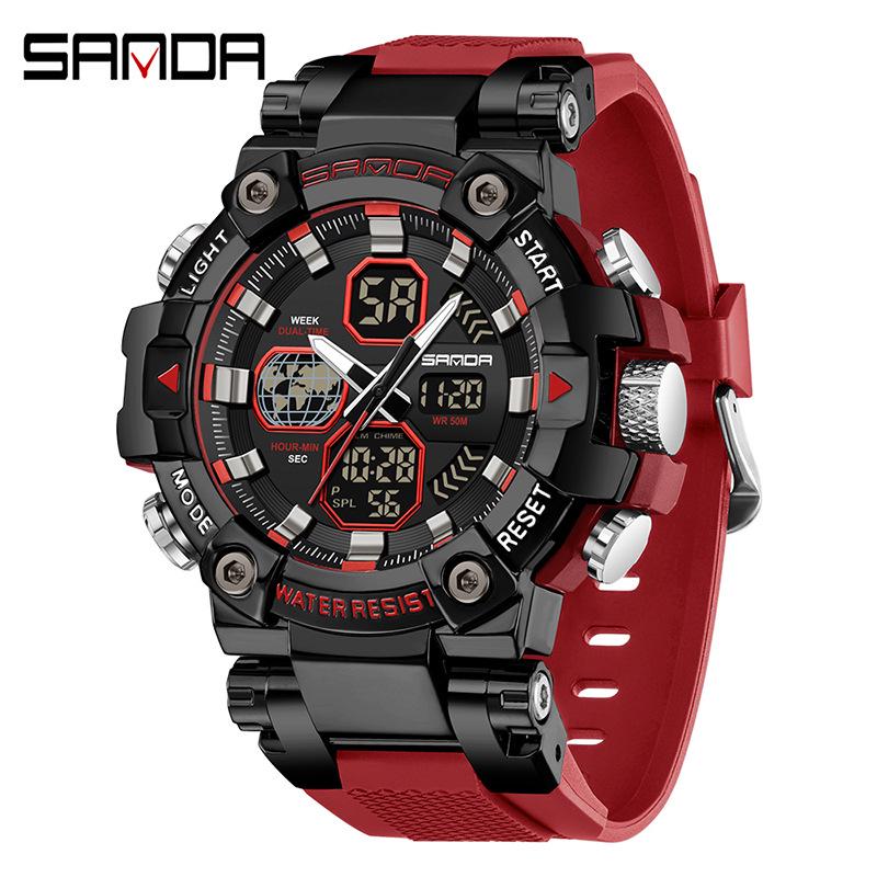 SANDA Multi-Function Waterproof Youth Wristwatch with Alarm, Night Light, Dual Display, and Fashionable Outdoor Sports Design