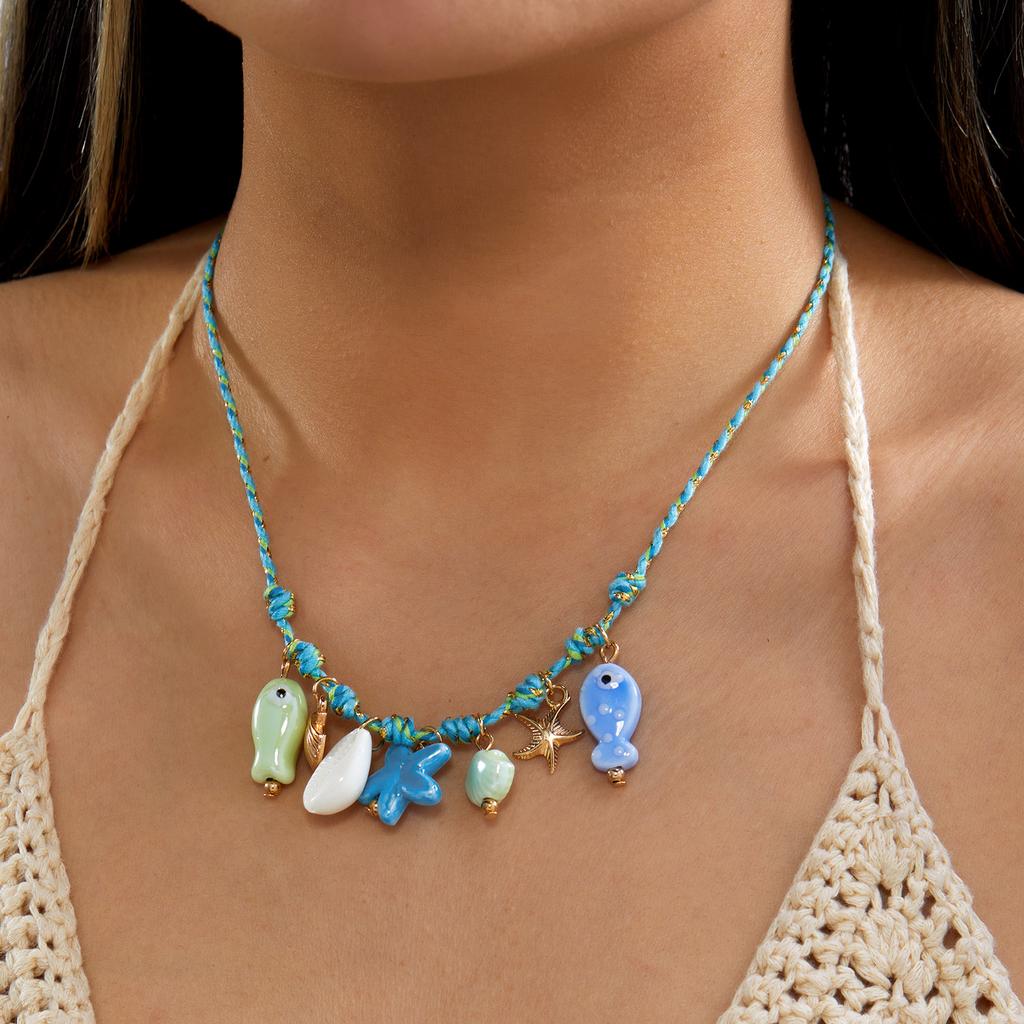 Beach Vacation Starfish Fish Shell Charm Necklace for Women Beige Rope Chain Imitation Pearl Ocean Boho Summer Jewelry Gift