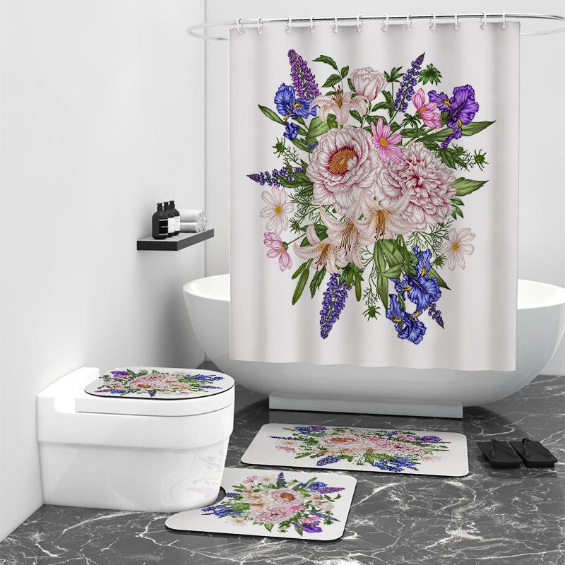 El boyaması çiçekli dijital baskılı duş perdesi banyo örtüsü su geçirmez