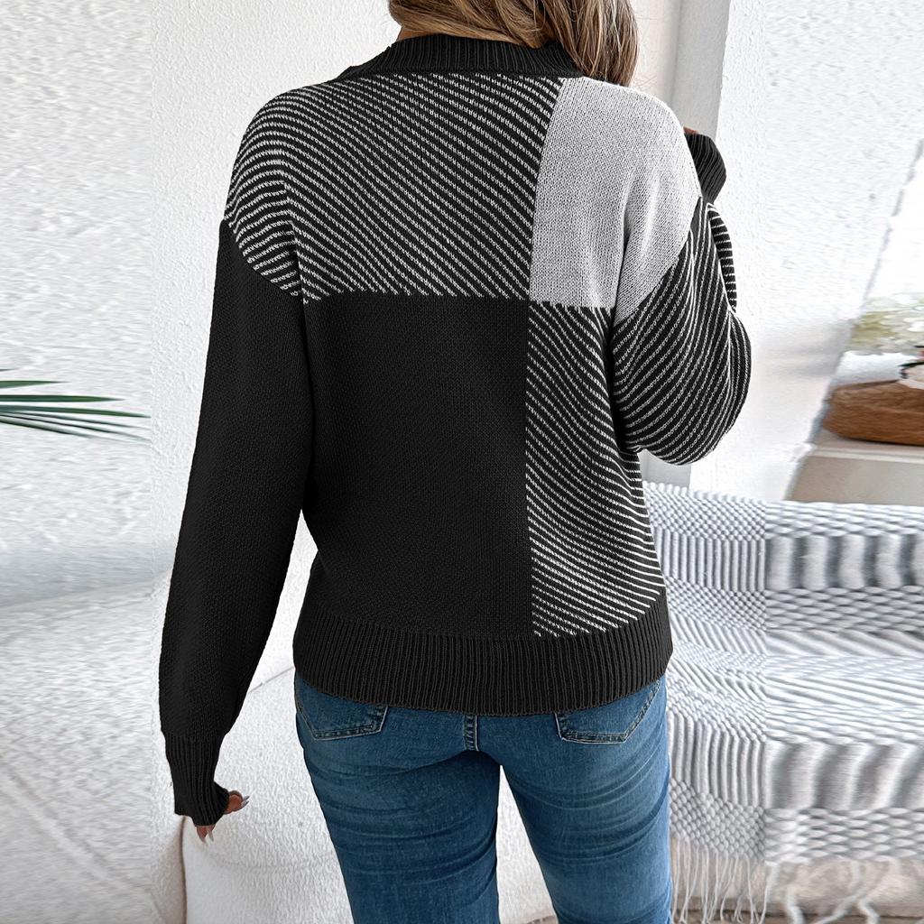 Women's Fashion Casual Contrast Plaid Long Sleeve Pullover Sweater