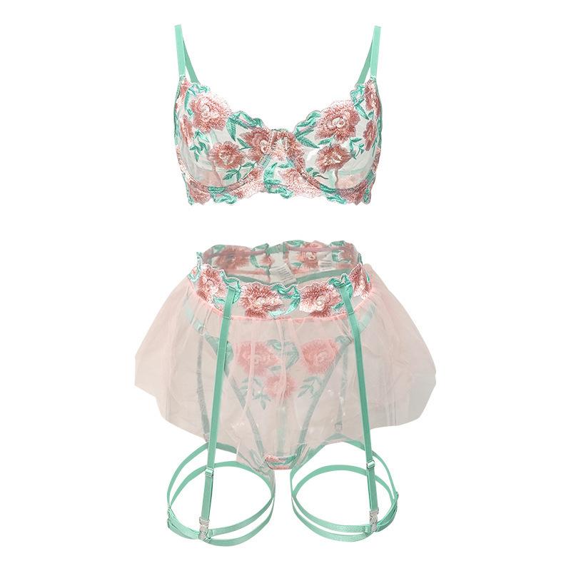 1011 European and American flower embroidery sexy underwear sexy cute girl mesh skirt four-piece set