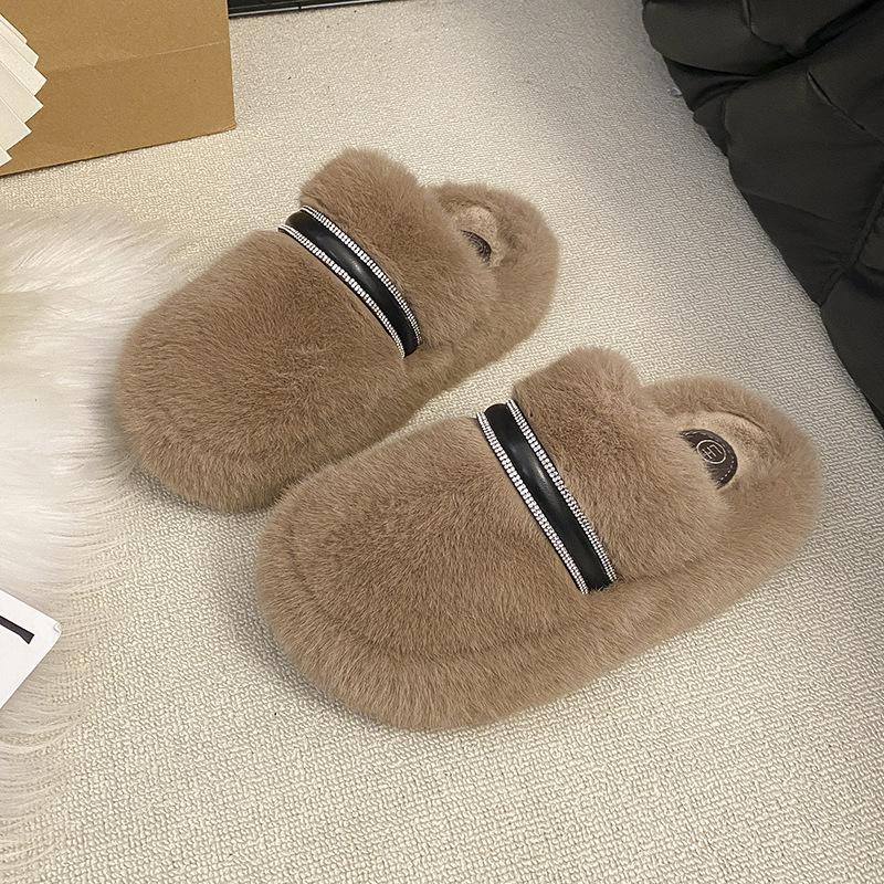 

Премиальные модные туфли с горным хрусталем и пушистой отделкой для женской зимней носки 2025 новая белая модель на одной педали, хлопковые тапочки, зимние бархатные туфли-бобы 40 хаки