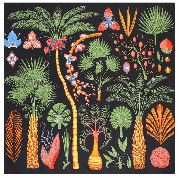 New Luxury Brand Design Sago Cycas Palm Tree Winter Square Scarf 130cm Twill Silk Scarf Women Kerchief Scarves For Ladies