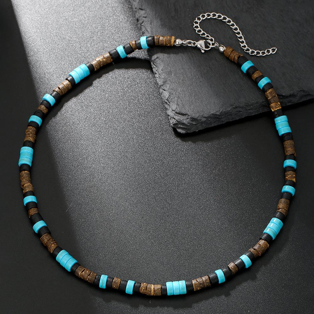 Summer Beach Bohemian Wood Chip Coconut Shell Necklace Men's Surf Necklace Simple Tribal Stainless Steel Necklace