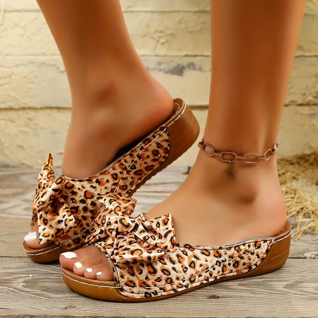 Women'S Fashion Leopard Print Wedge Sandals with Polka Dot Bow Detail - Open Toe Mid-Heel Platform, Casual Summer Style