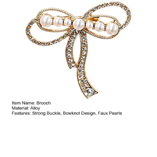 Electroplated Brooch Bowknot Design Brooch, Strong Buckle Fastening Pin with Faux Pearls Rhinestones, Electroplating Anti-Oxidation Badge for