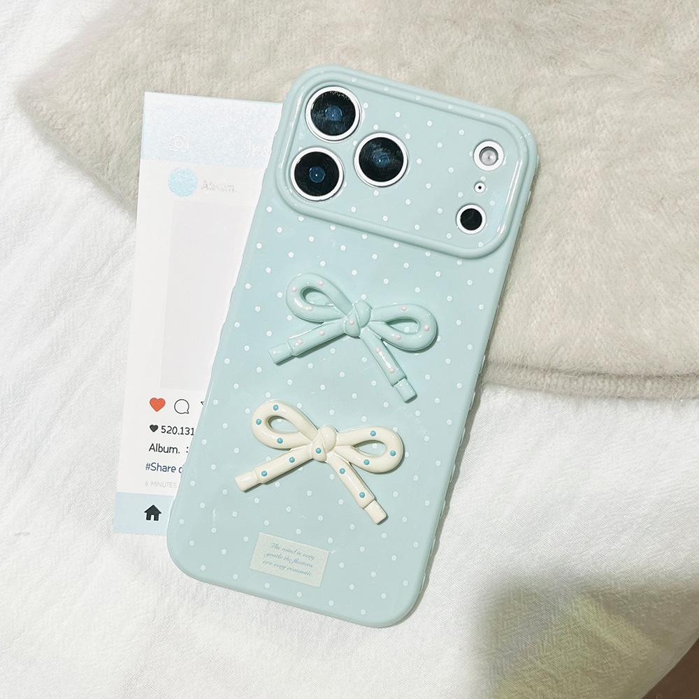 Three-dimensional Polka Dot Bow Mobile Phone Case for iPhone17Pro Apple 16 Anti-drop Heart-shaped TPU Protective Case 13
