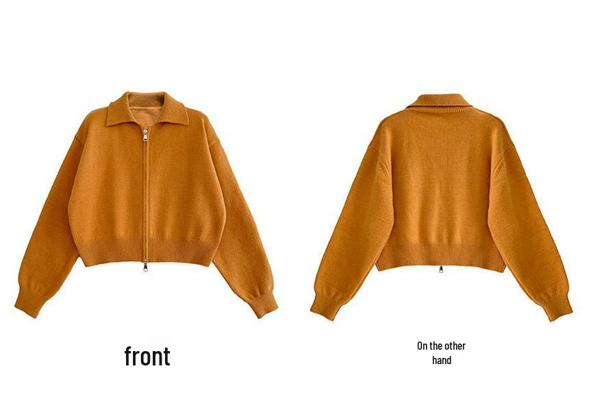 Lu Xi Women's High-End Short Knit Cardigan with Double Zipper & Polo Collar for Autumn