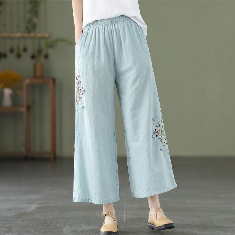 Vintage-Inspired Embroidered Wide Leg Pants for Women - High Waist, Loose Fit, Light Blue Floral Design,Casual Wear Pants Floral Embroidered Trousers