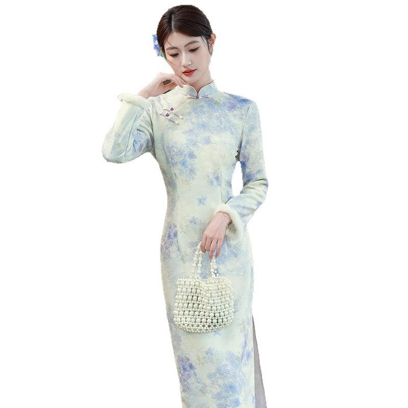 Long Winter Knit Cheongsam Dress Women Retro Chinese Style With Stand Collar Side Slit Sleeve Warm Fleece-Lined