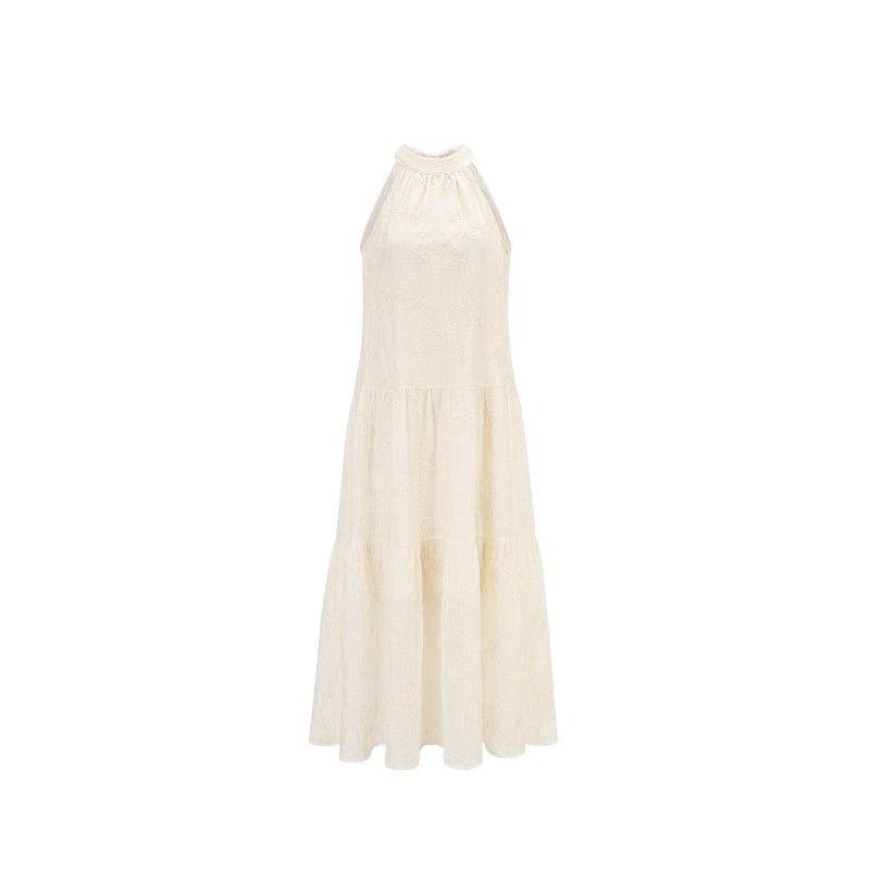 Holiday Style Long Dress Women's French Neck Skirt Summer Chiffon Dress Gentle Wind Embroidery A Word Skirt Women's Fashion Trend