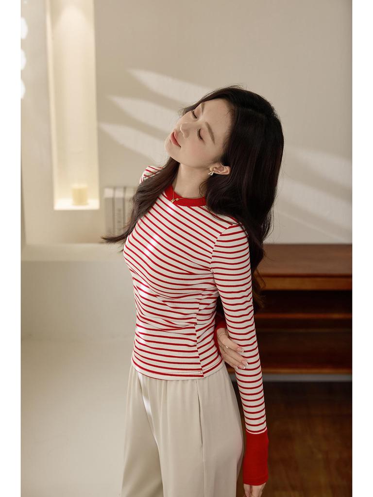 Premium Color Block Gestreiftes T-Shirt: Damen Langarm Oberteil aus reiner Baumwolle für die Herbst-/Wintermode 2025