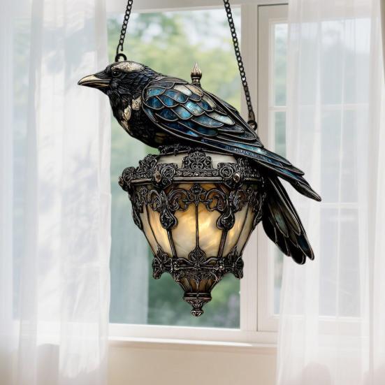 Raven On Lantern Acrylic Suncatcher Faux Stained Glass Window Wall Hanging Ornament Gothic Crow On Lamp Halloween Decor for Dark Academia Home Decor