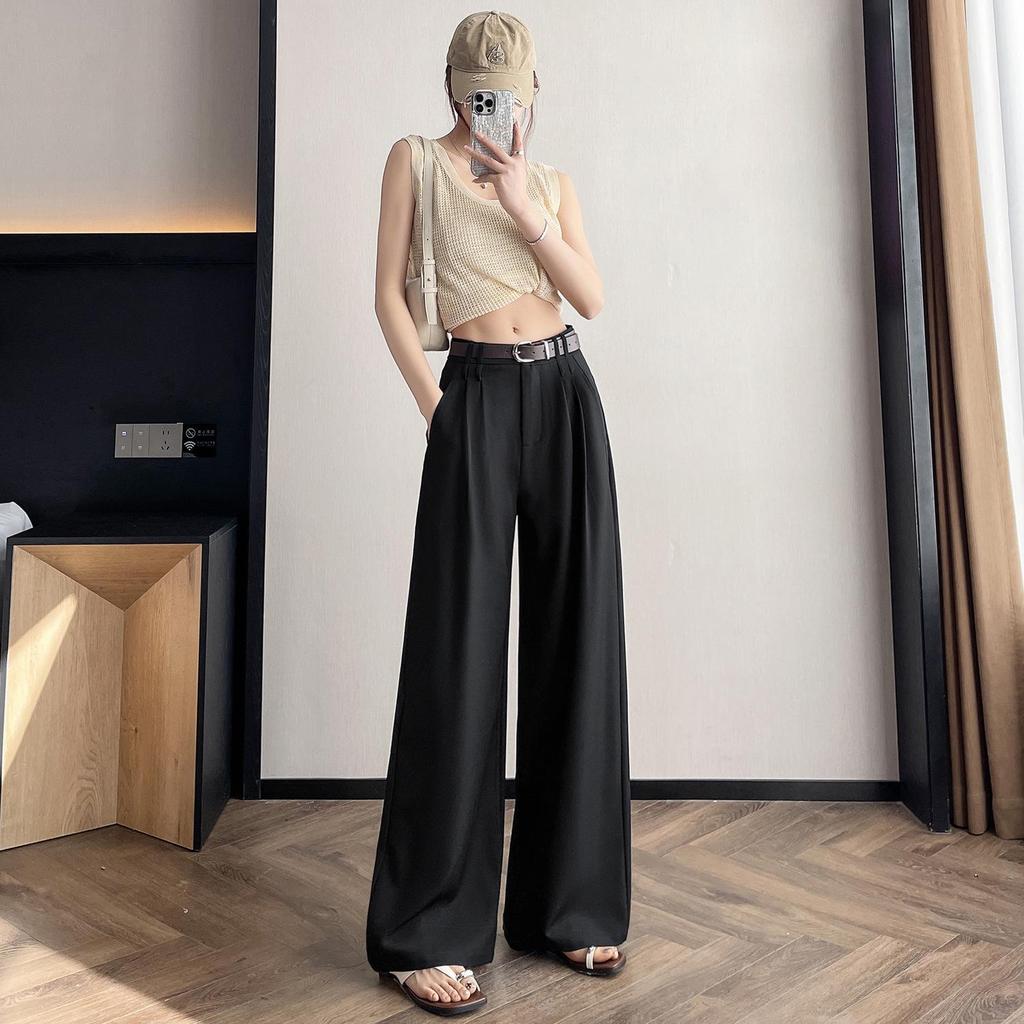 2026 Spring/Summer Women's High-Waisted Wide-Leg White Pants - Casual, Slimming, Lazy Style